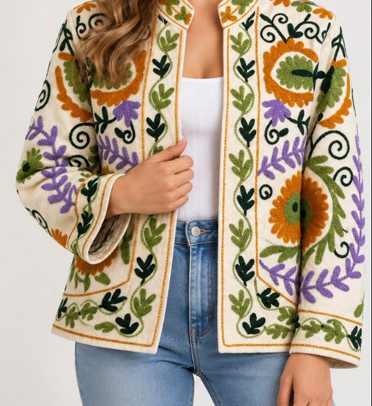 Cream Floral Embroidered Jacket