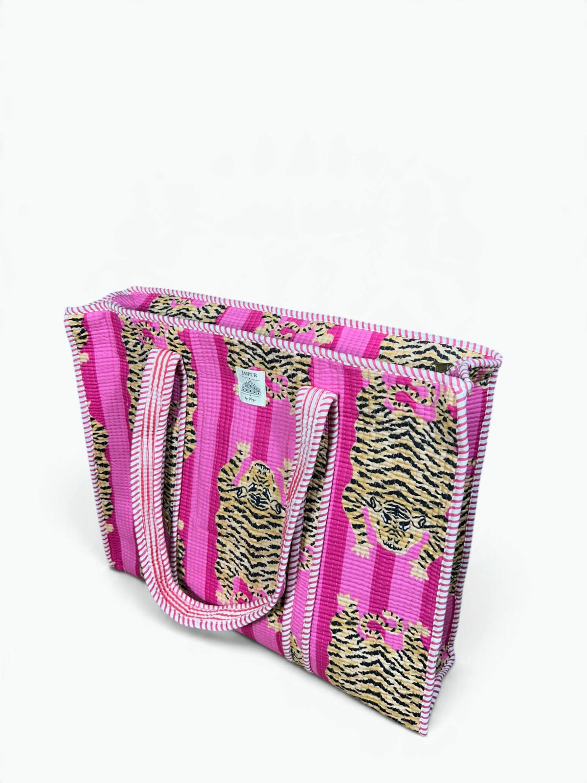 Large Pink Tiger Print Quilted Tote Bag | Striped Cotton Shoulder Tote
