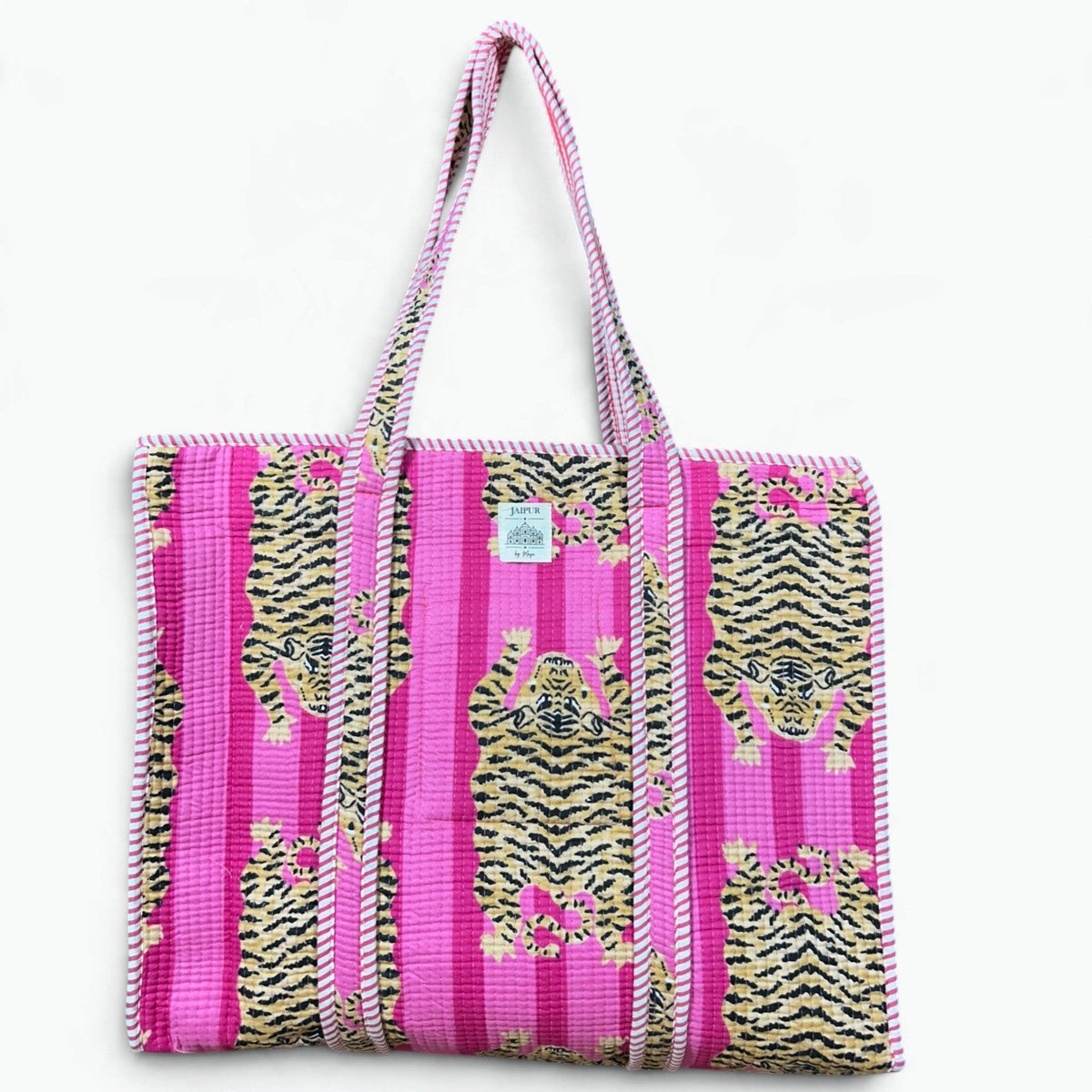 Pink striped quilted cotton tote bag with golden tiger print and pink and white striped piping and handles