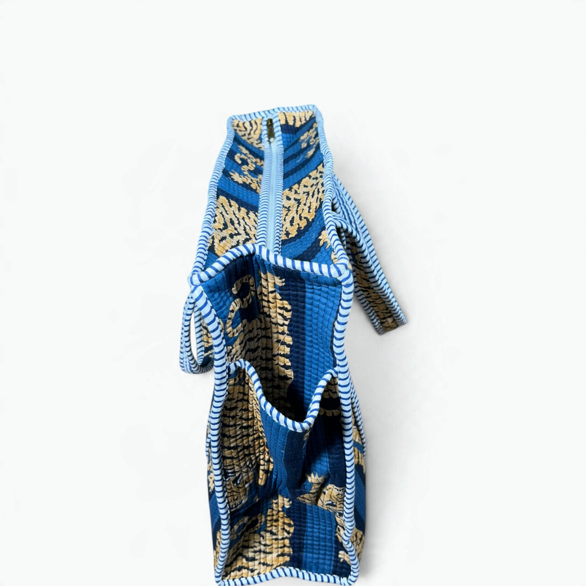 Large Blue Tiger Print Quilted Tote Bag | Striped Cotton Shoulder Tote