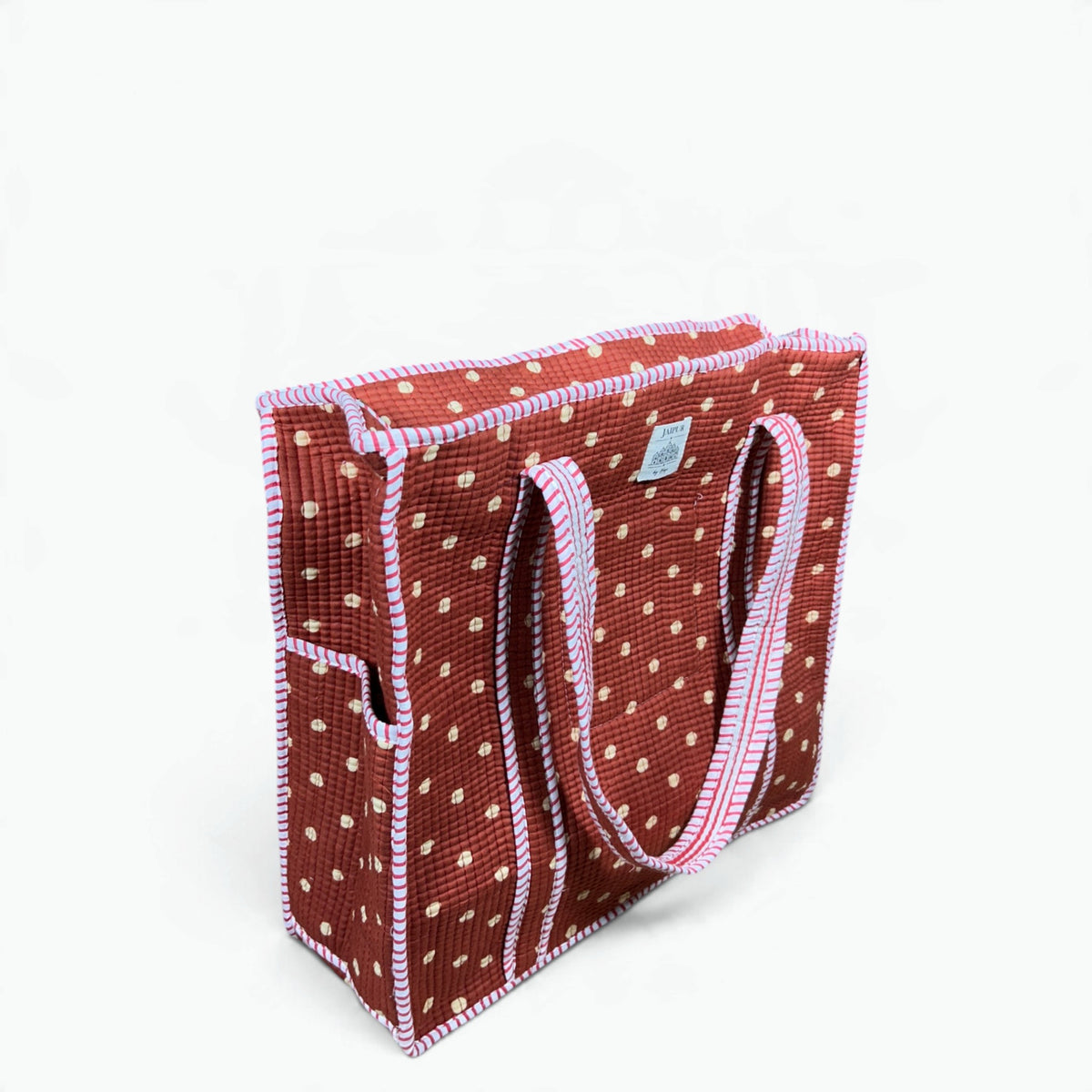 Large Terracotta Polka Dot Quilted Tote Bag | Cotton Shoulder Tote