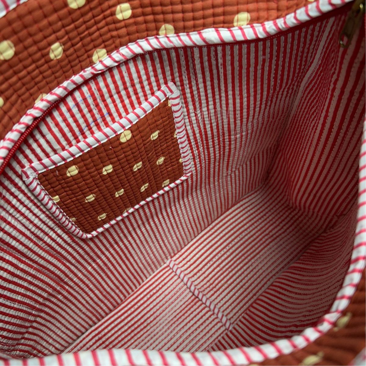 Large Terracotta Polka Dot Quilted Tote Bag | Cotton Shoulder Tote