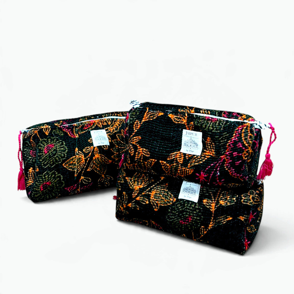 Velvet Wash Bags (Set of 3) | Quilted Floral Toiletry & Makeup Bags with Tassels