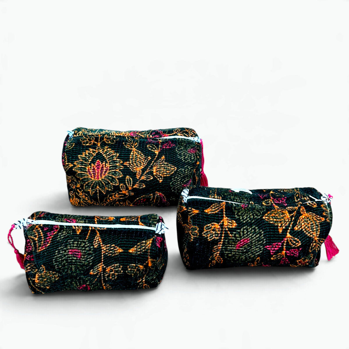 Velvet Wash Bags (Set of 3) | Quilted Floral Toiletry & Makeup Bags with Tassels