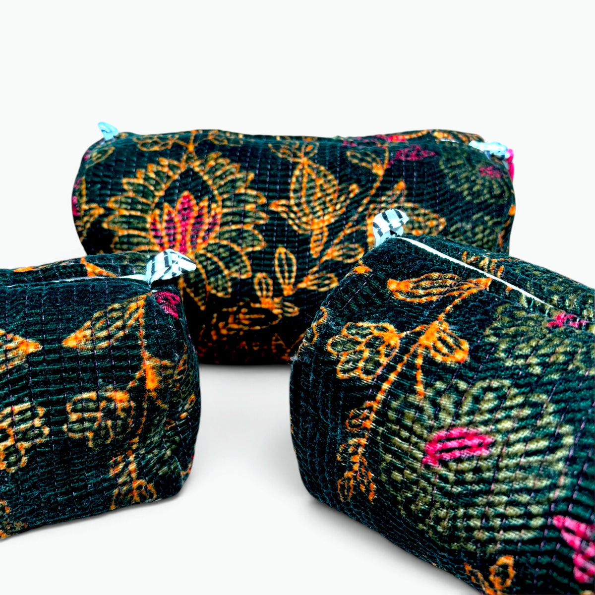 Velvet Wash Bags (Set of 3) | Quilted Floral Toiletry & Makeup Bags with Tassels