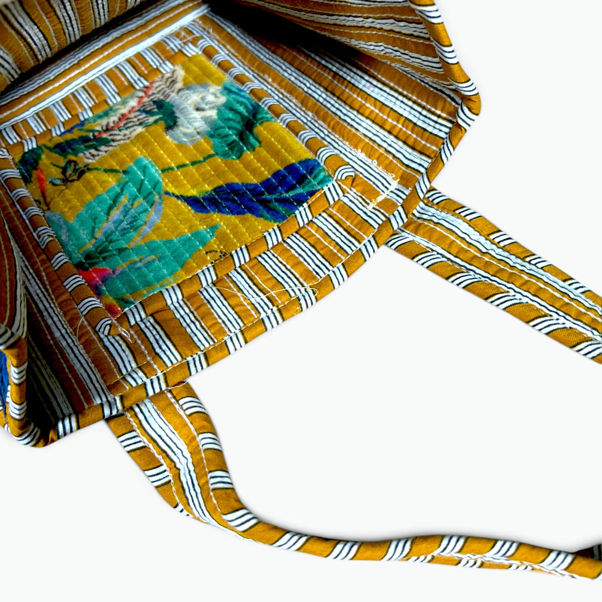Small Yellow Velvet Reversible Tote Bag | Quilted Mini Tote with Tropical Print & Striped Handles
