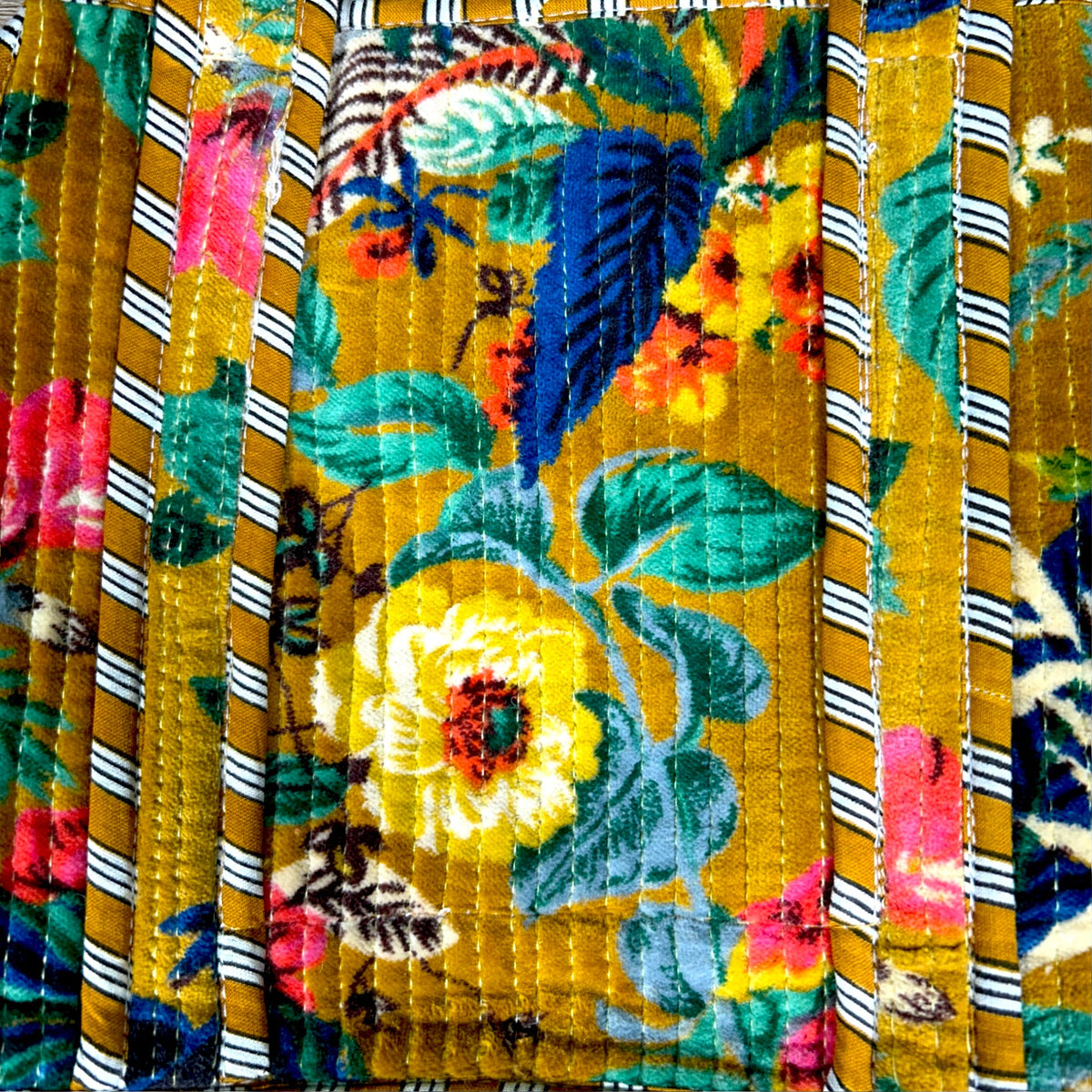 Small Yellow Velvet Reversible Tote Bag | Quilted Mini Tote with Tropical Print & Striped Handles