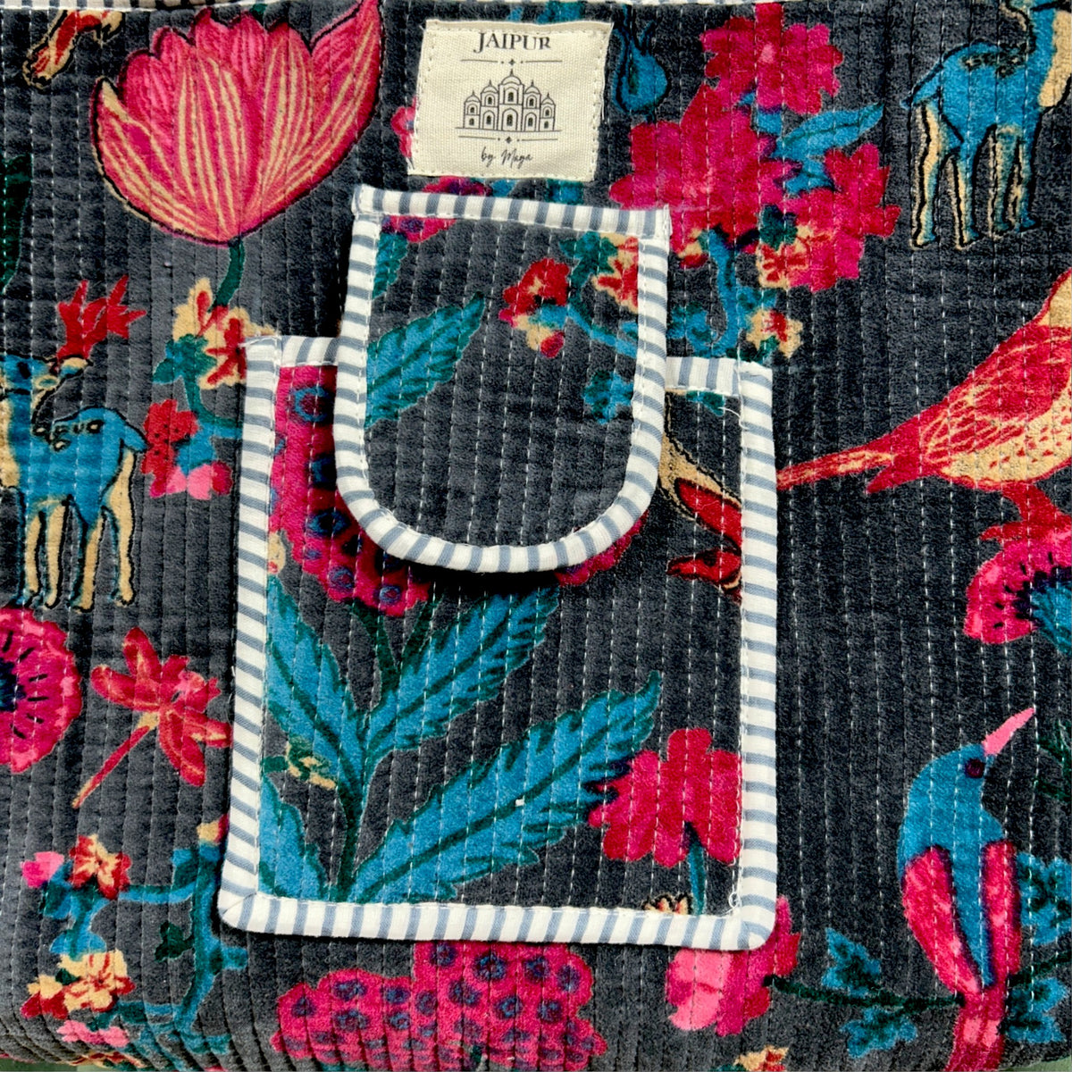Medium Navy Velvet Garden Tote Bag | Birds & Flowers