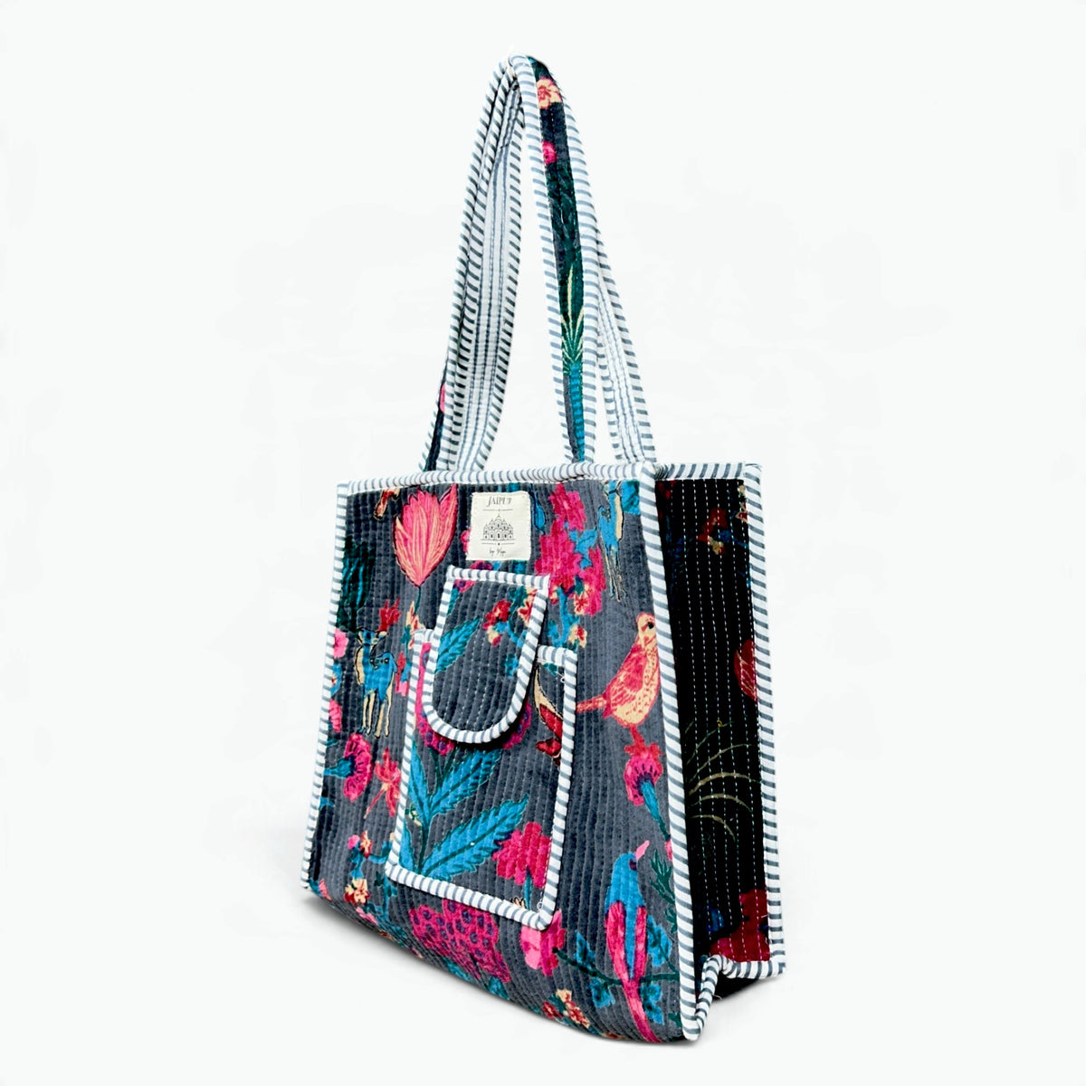 Medium Navy Velvet Garden Tote Bag | Birds & Flowers