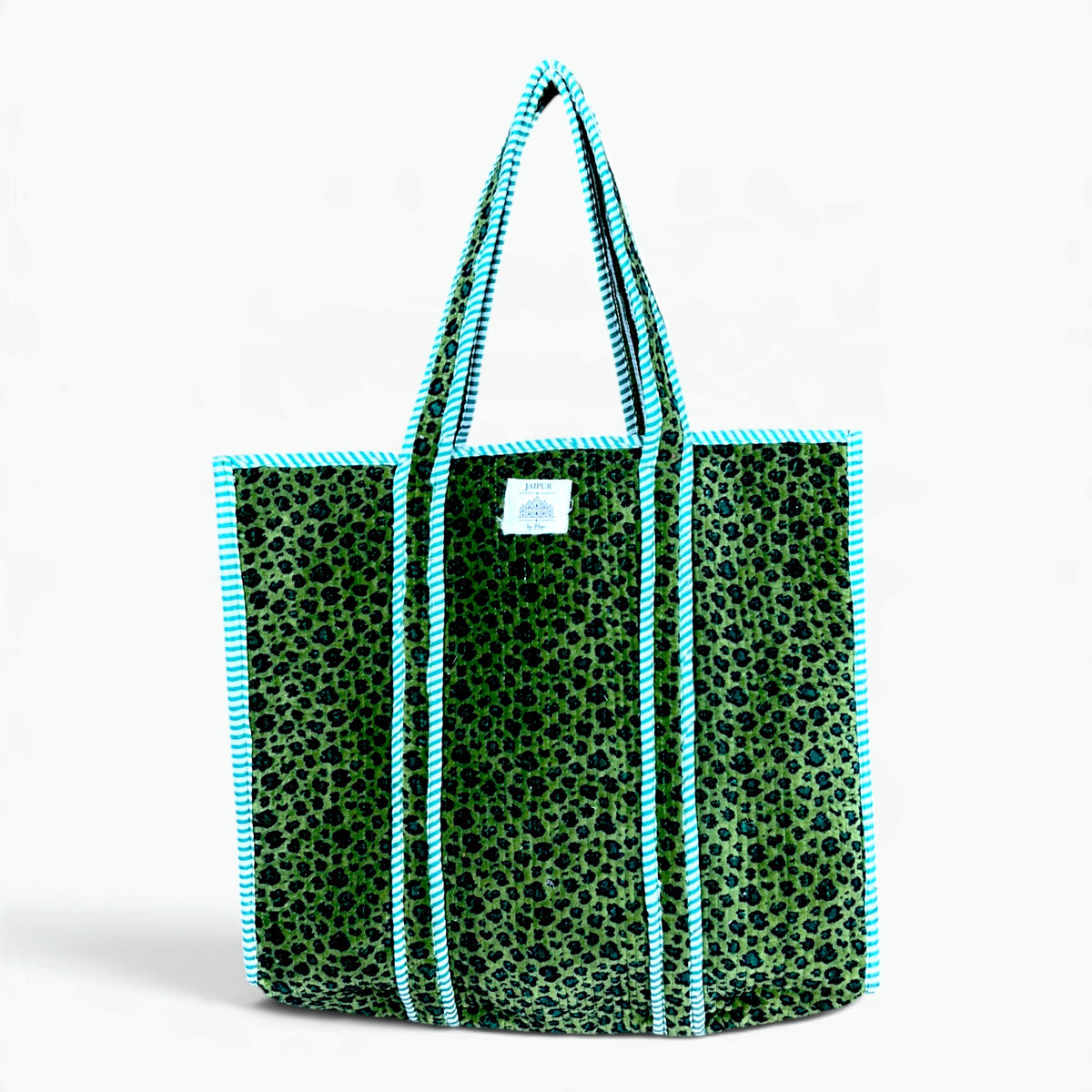 Large moss green quilted velvet tote bag with dark green leopard print and turquoise and white striped piping and handles