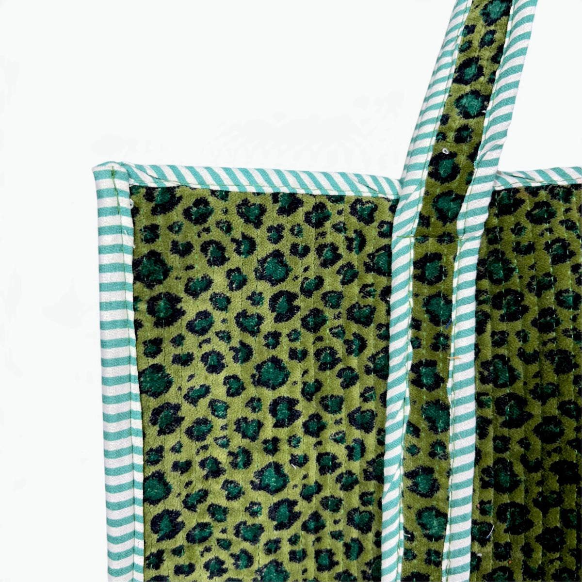 Large Green Velvet Reversible Leopard Print Tote Bag | Quilted Velvet Shoulder Tote with Inside Pocket