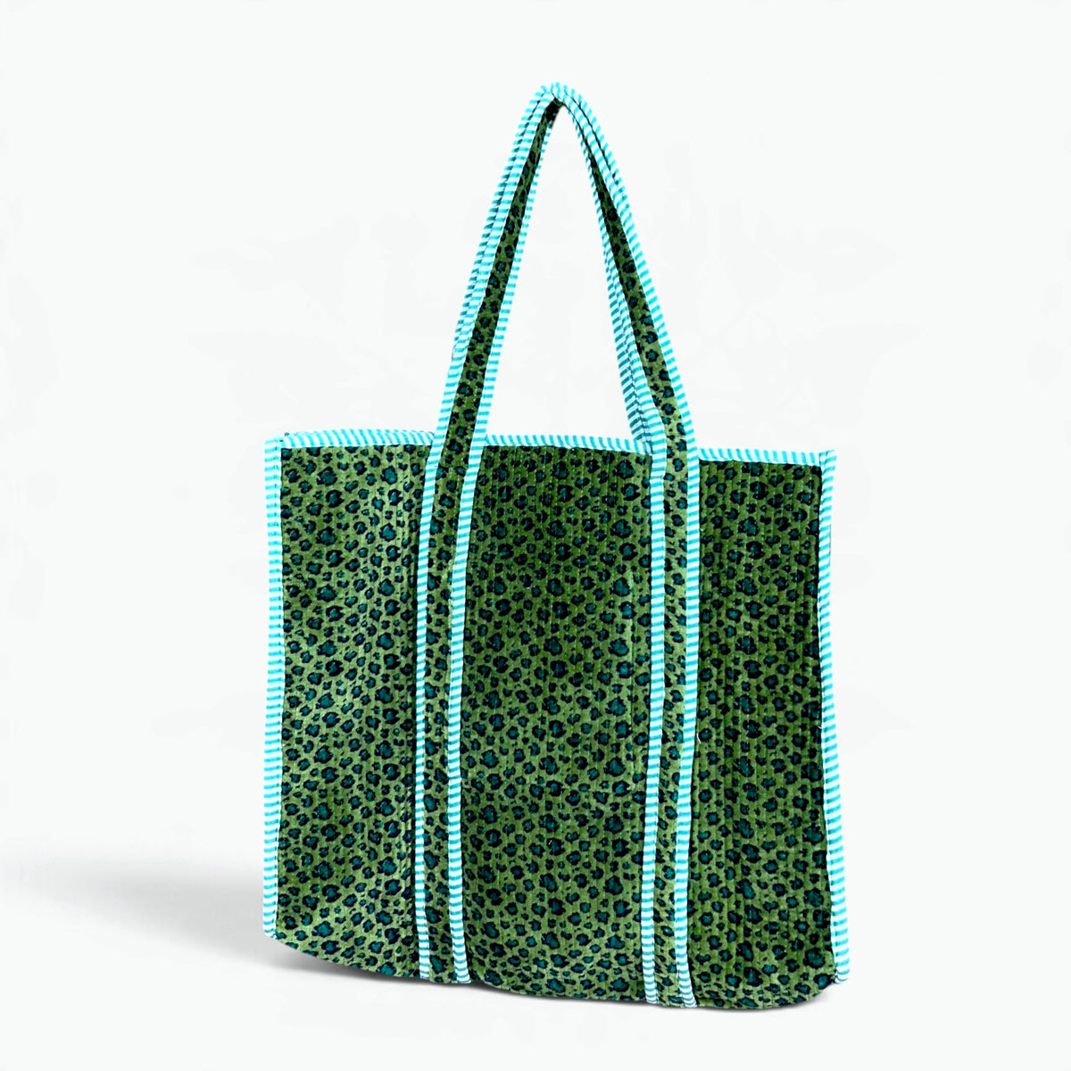 Large Green Velvet Reversible Leopard Print Tote Bag | Quilted Velvet Shoulder Tote with Inside Pocket
