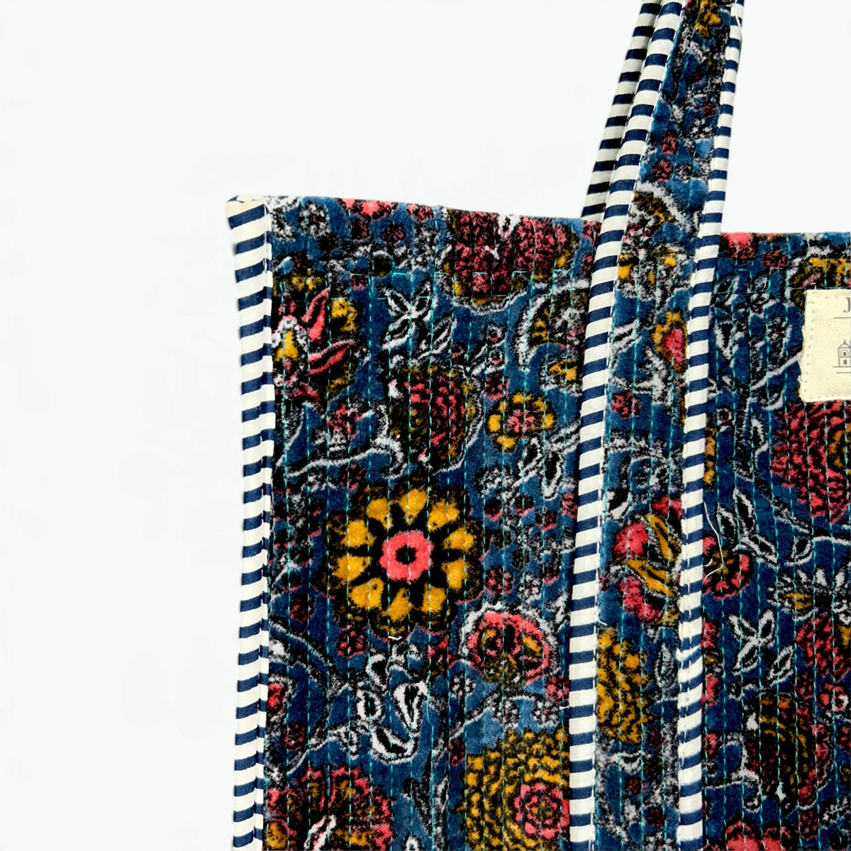 Large Blue Velvet Vintage Floral Tote Bag | Quilted Velvet Shoulder Tote with Inside Pocket