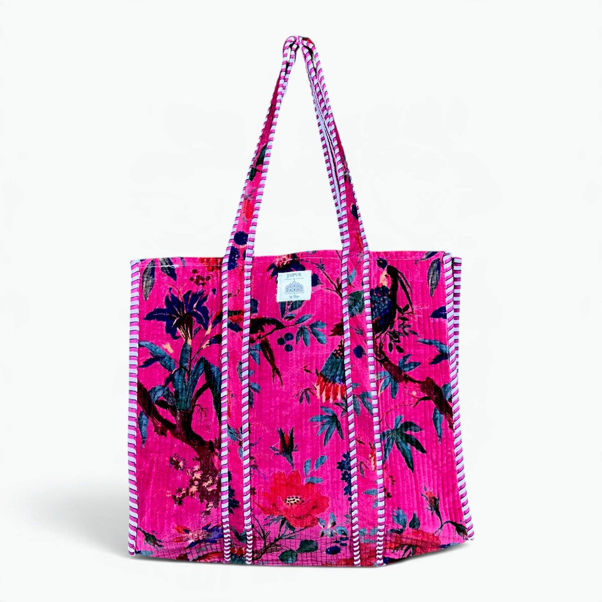 Large hot pink quilted velvet tote bag with birds, flowers and teal leaves and purple and white striped piping and handles