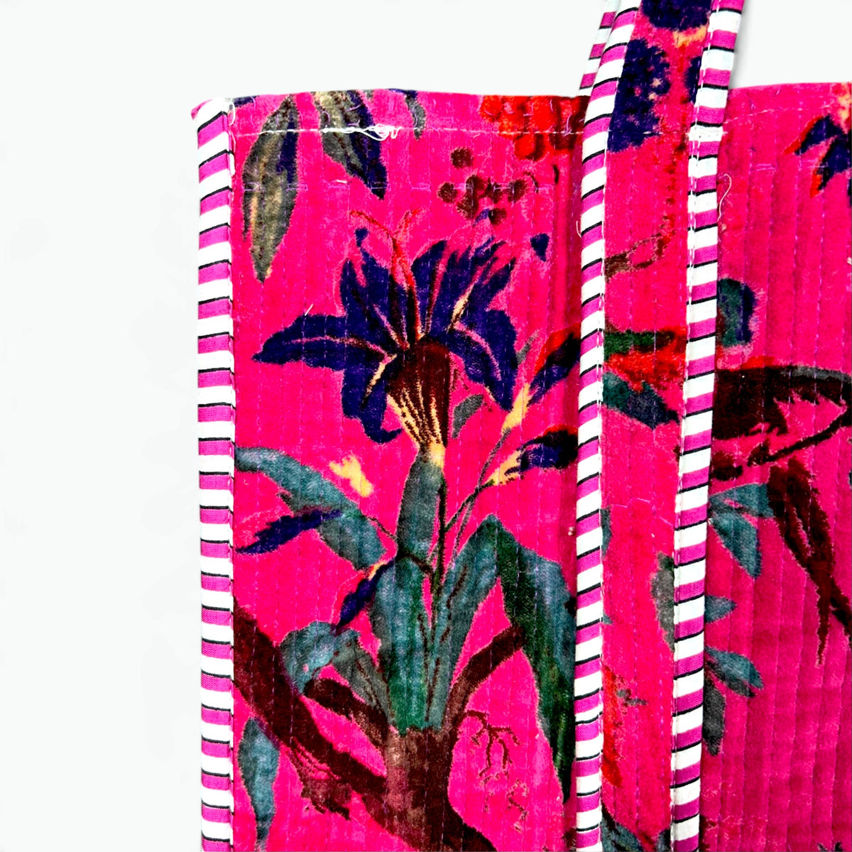 Large Hot Pink Velvet Reversible Bird of Paradise Tote Bag | Quilted Velvet Shoulder Tote with Inside Pocket