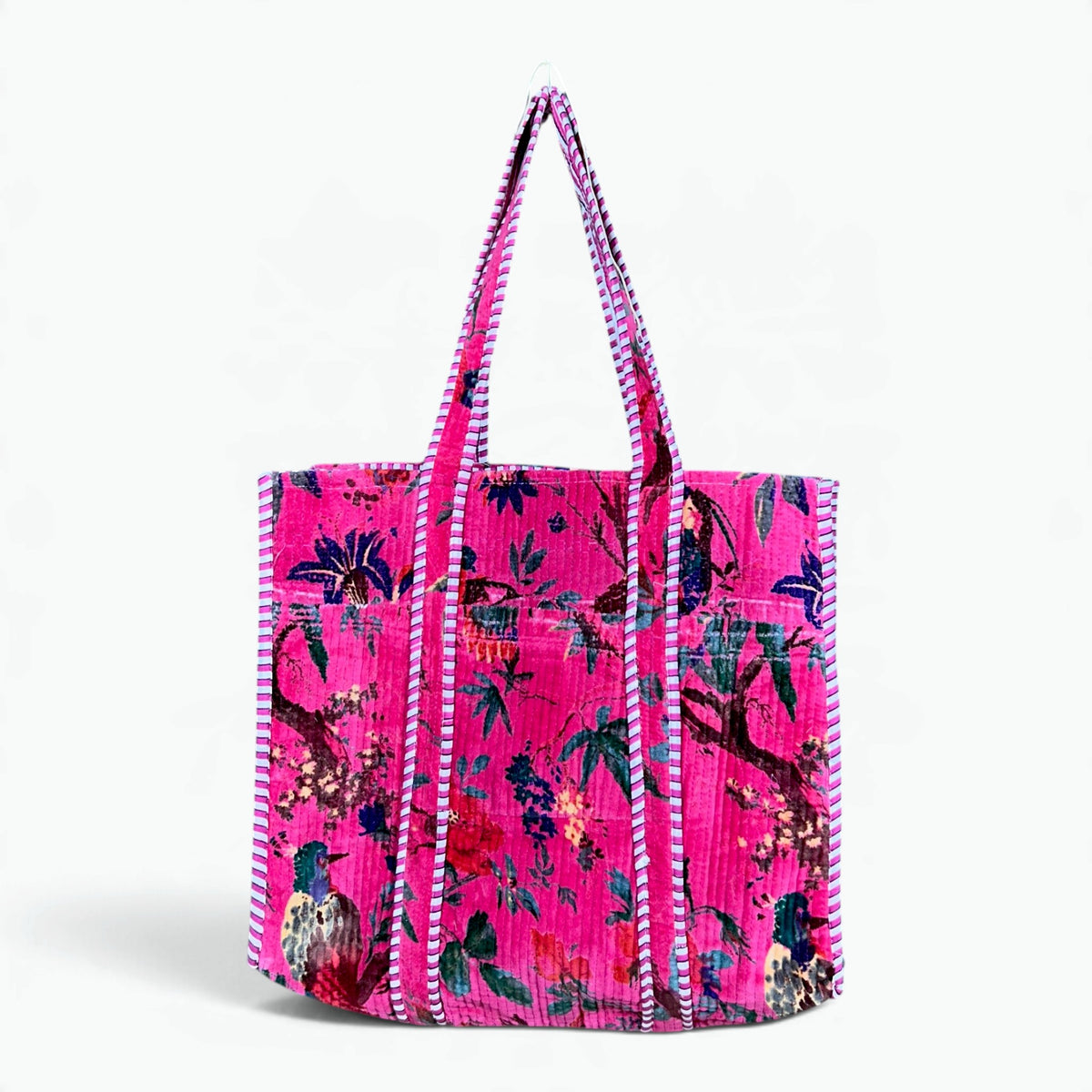 Large Hot Pink Velvet Reversible Bird of Paradise Tote Bag | Quilted Velvet Shoulder Tote with Inside Pocket