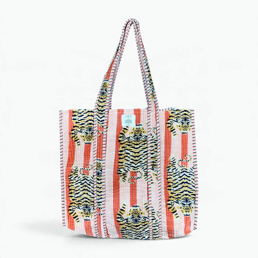 Large blush pink and coral striped quilted velvet tote bag with golden tiger print and striped piping and handles