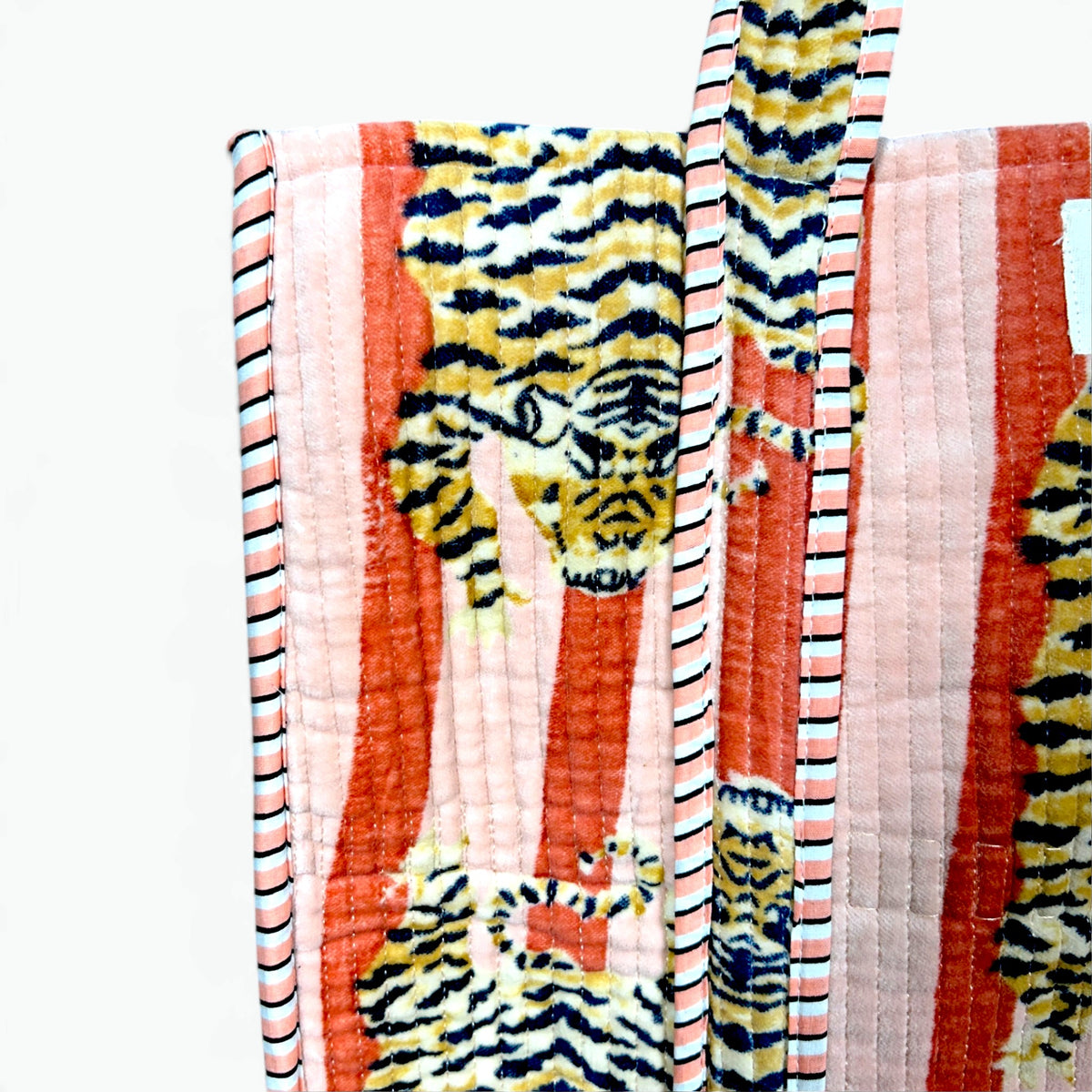 Large Blush Pink Velvet Reversible Tiger Tote Bag | Quilted Velvet Shoulder Tote with Inside Pocket