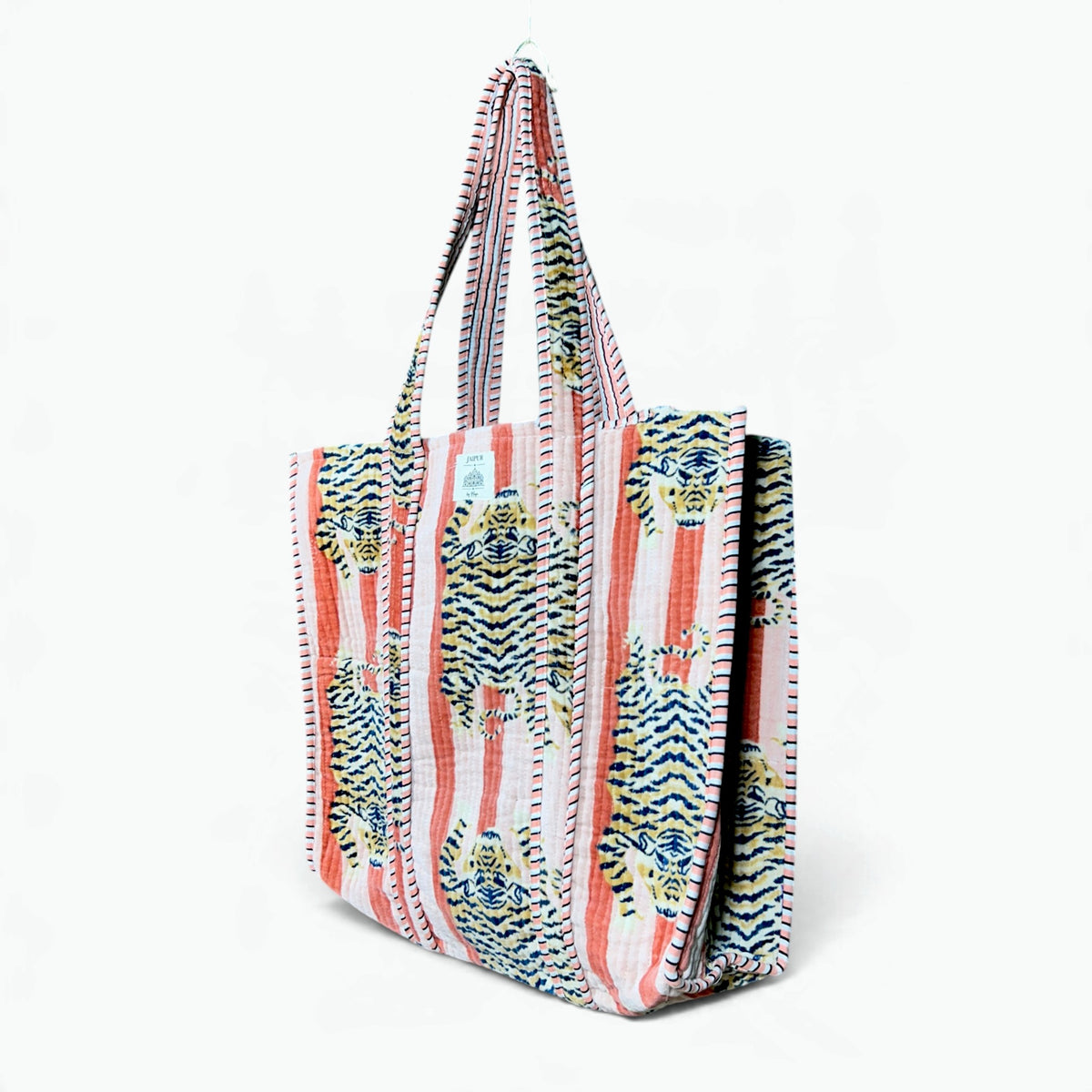 Large Blush Pink Velvet Reversible Tiger Tote Bag | Quilted Velvet Shoulder Tote with Inside Pocket