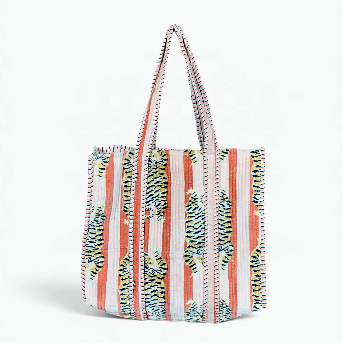 Large Blush Pink Velvet Reversible Tiger Tote Bag | Quilted Velvet Shoulder Tote with Inside Pocket