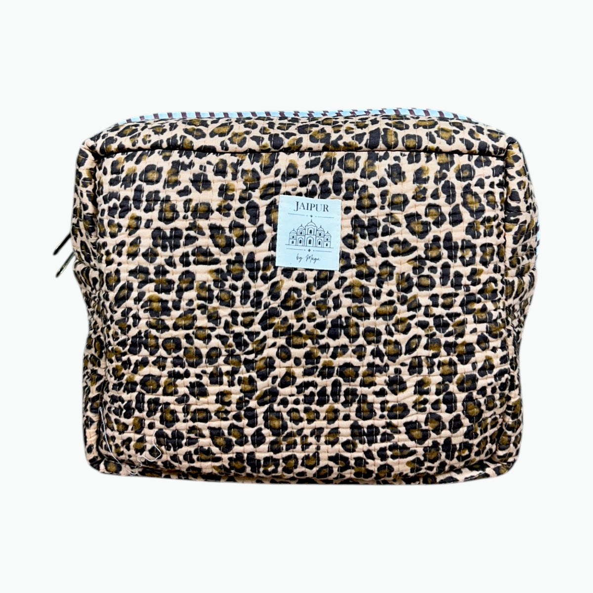 Back of the leopard print quilted pouch with Jaipur by Maya label