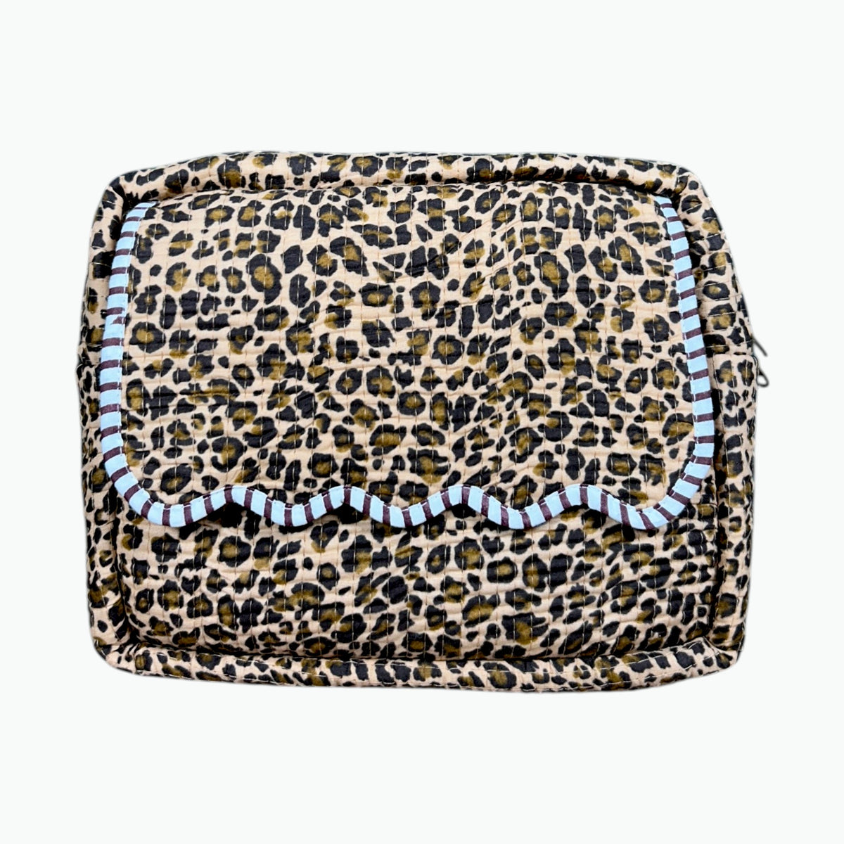 Leopard print quilted cotton pouch with scalloped front flap edged in pale blue and brown stripes
