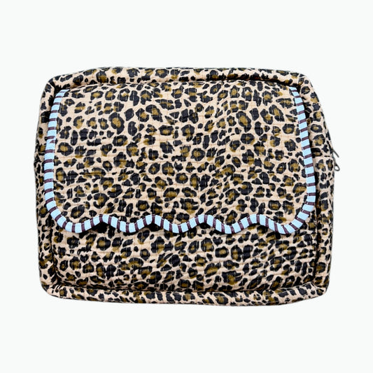 Leopard print quilted cotton pouch with scalloped front flap edged in pale blue and brown stripes