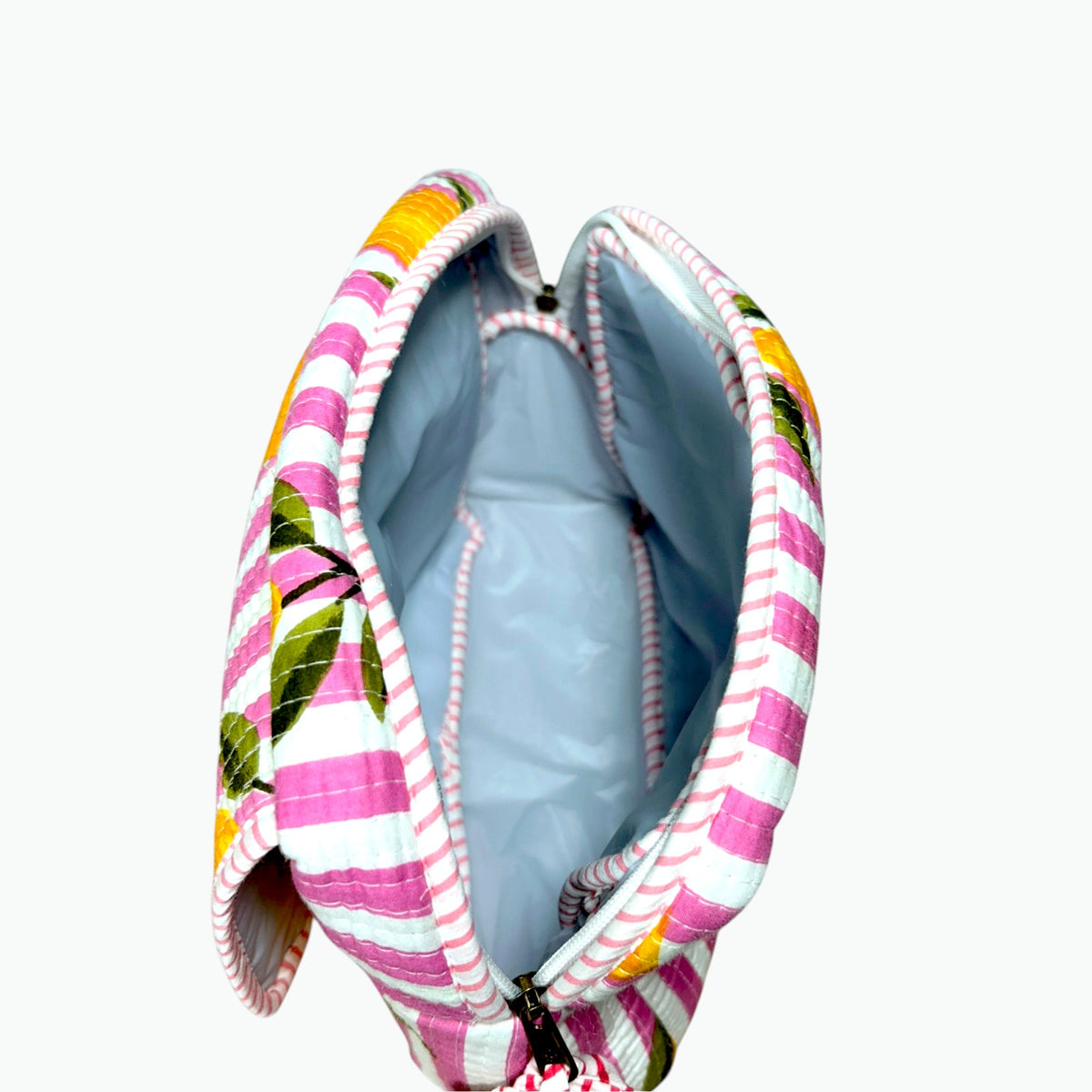 Pink Striped Lemon Print Scallop Pouch | Quilted Cotton Makeup & Wash Bag with Zip