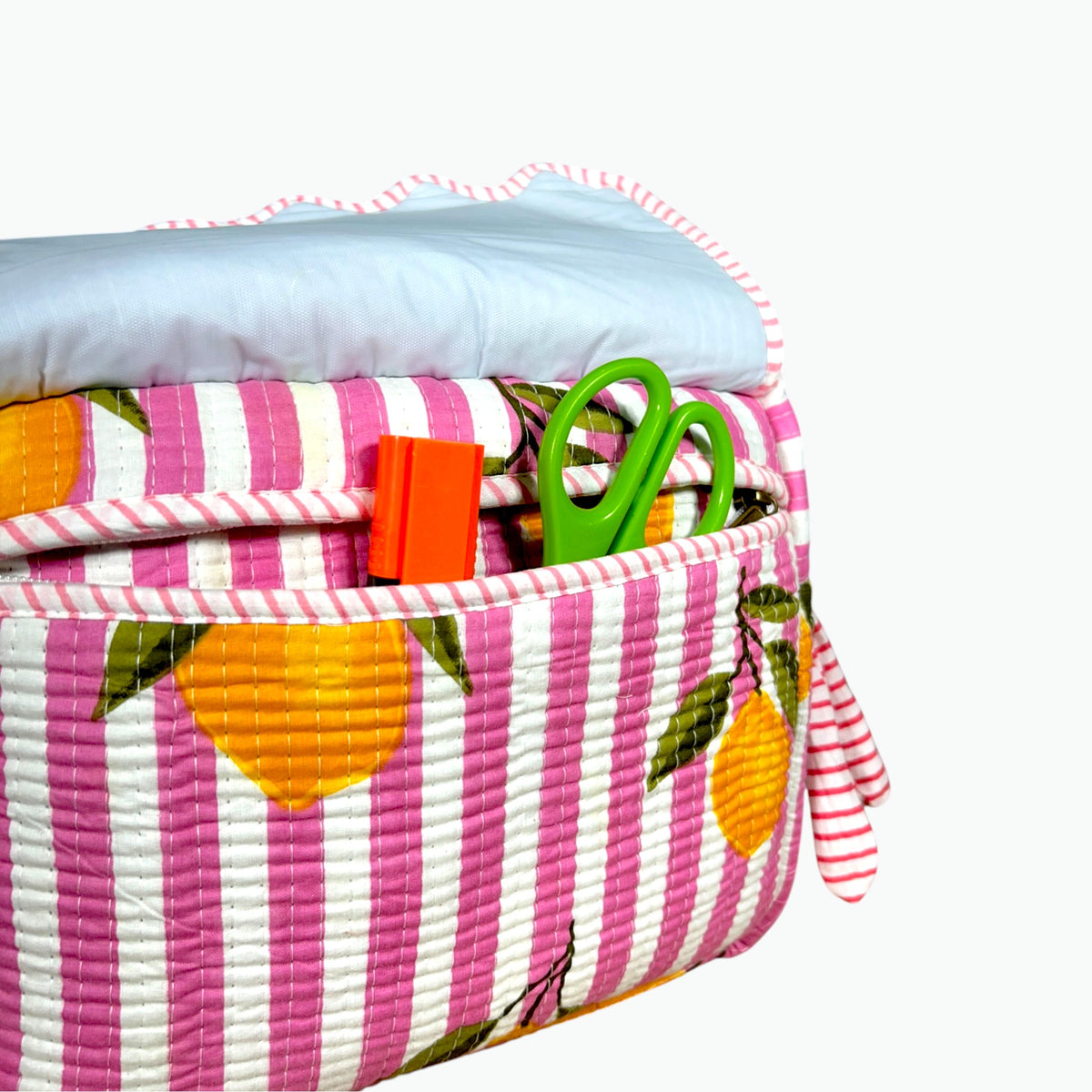 Pink Striped Lemon Print Scallop Pouch | Quilted Cotton Makeup & Wash Bag with Zip