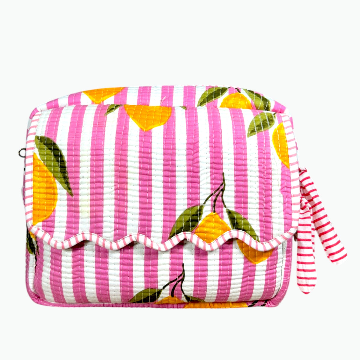 Back of the pink striped lemon print quilted pouch with Jaipur by Maya label and striped zip pull
