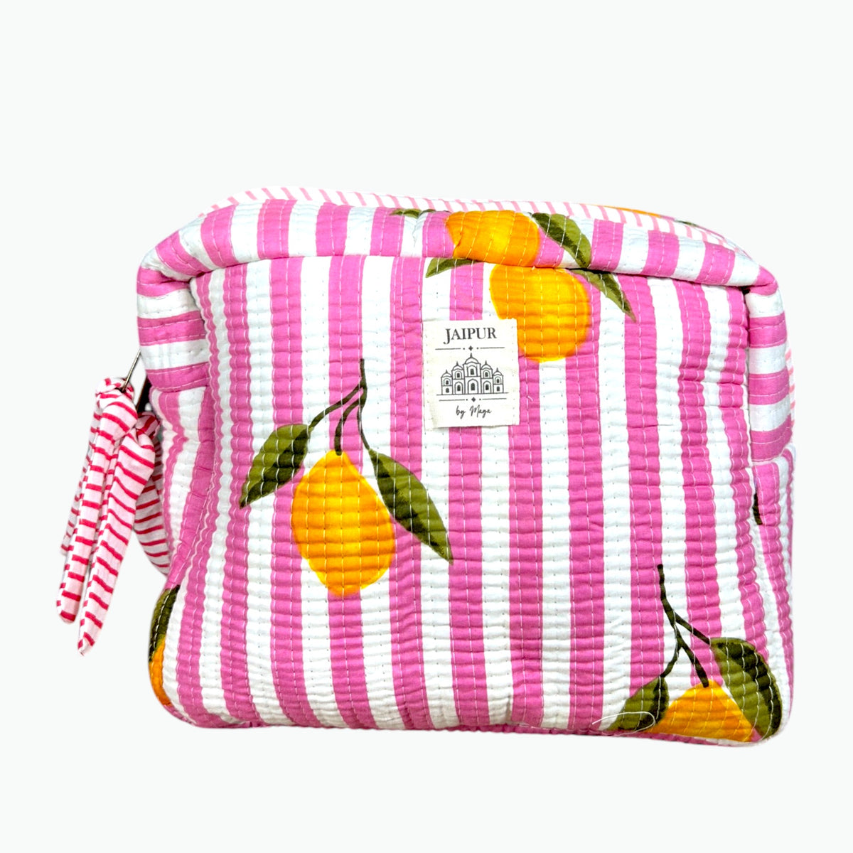 Pink and white striped quilted cotton pouch with lemon print and scalloped front flap