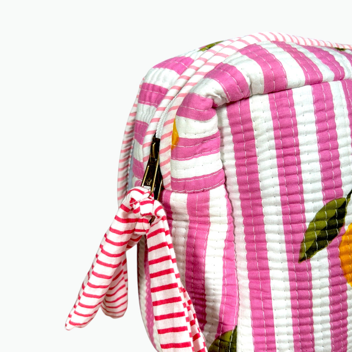 Pink Striped Lemon Print Scallop Pouch | Quilted Cotton Makeup & Wash Bag with Zip