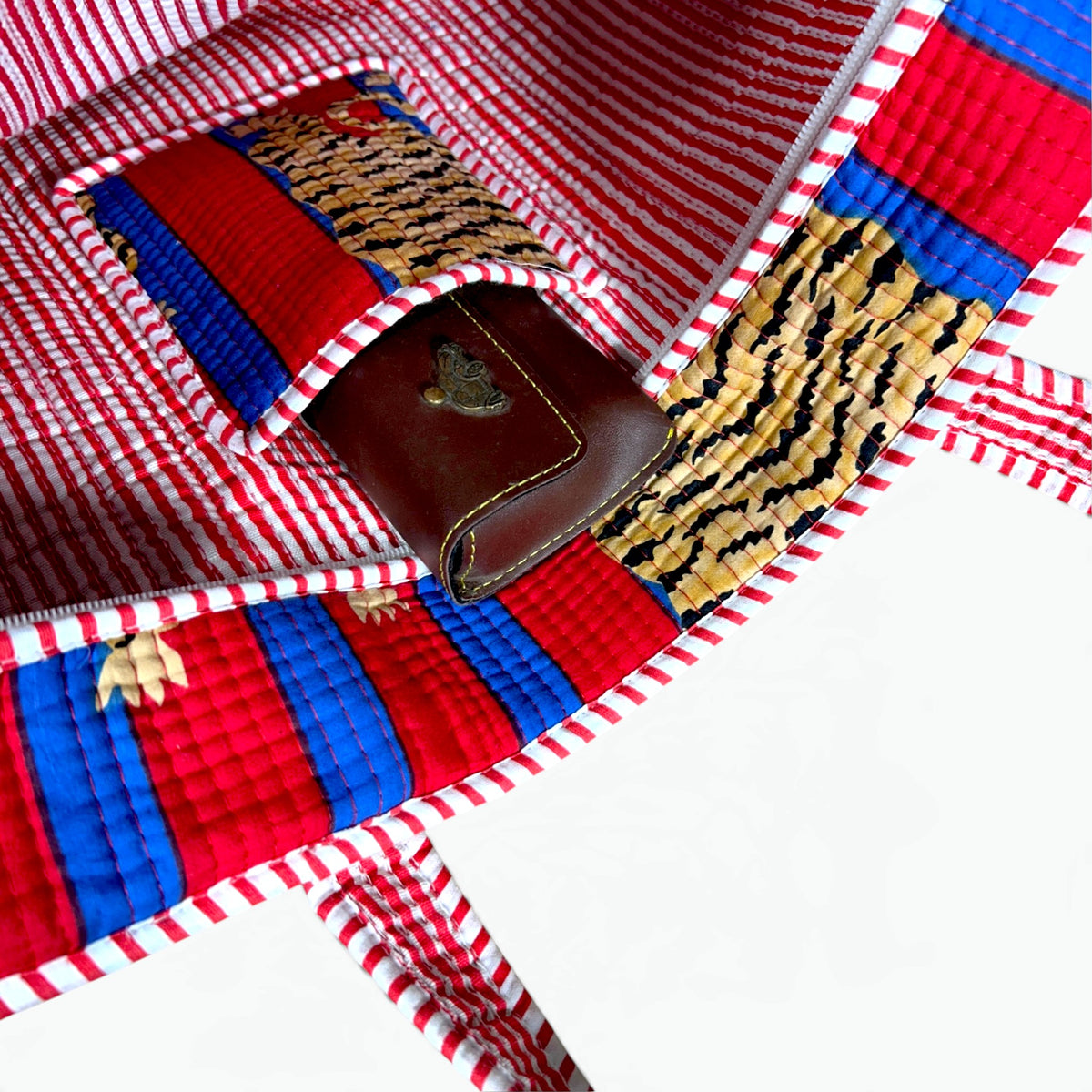 Red & Blue Tiger Print Quilted Tote Bag | Striped Cotton Shoulder Tote
