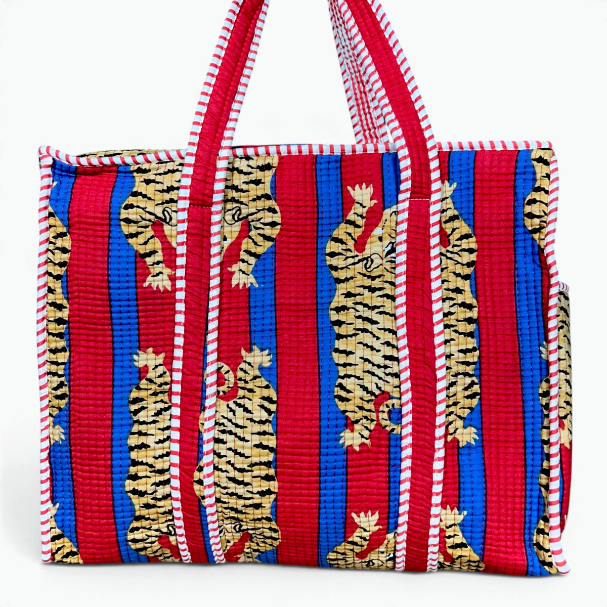 Red & Blue Tiger Print Quilted Tote Bag | Striped Cotton Shoulder Tote