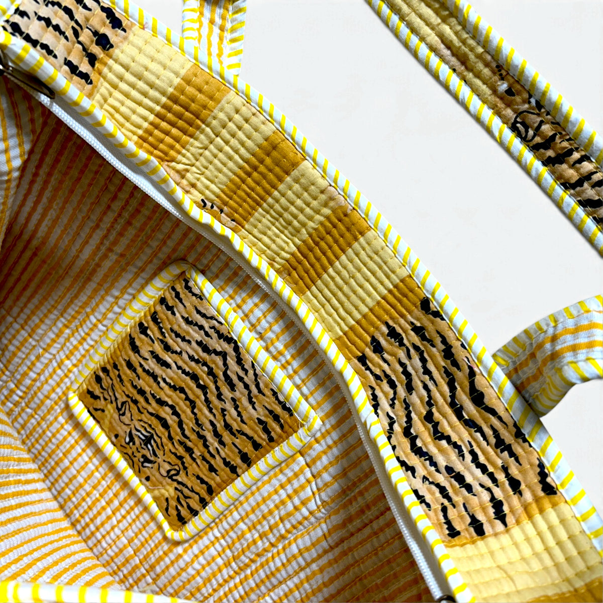 Yellow Tiger Print Quilted Tote Bag | Striped Cotton Shoulder Tote