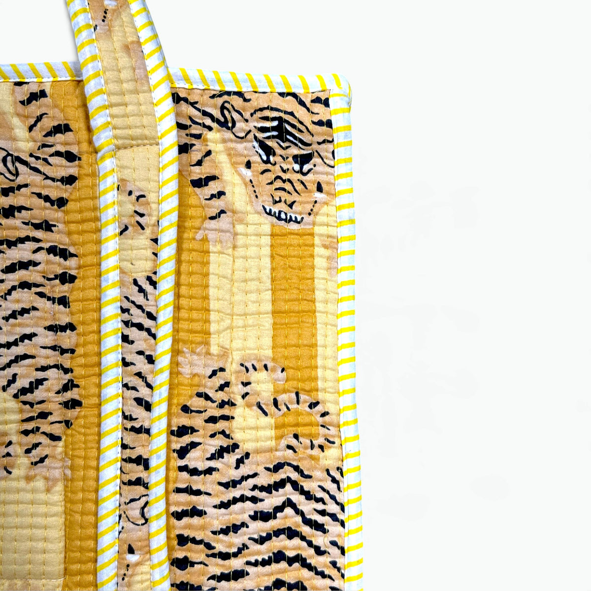 Yellow Tiger Print Quilted Tote Bag | Striped Cotton Shoulder Tote