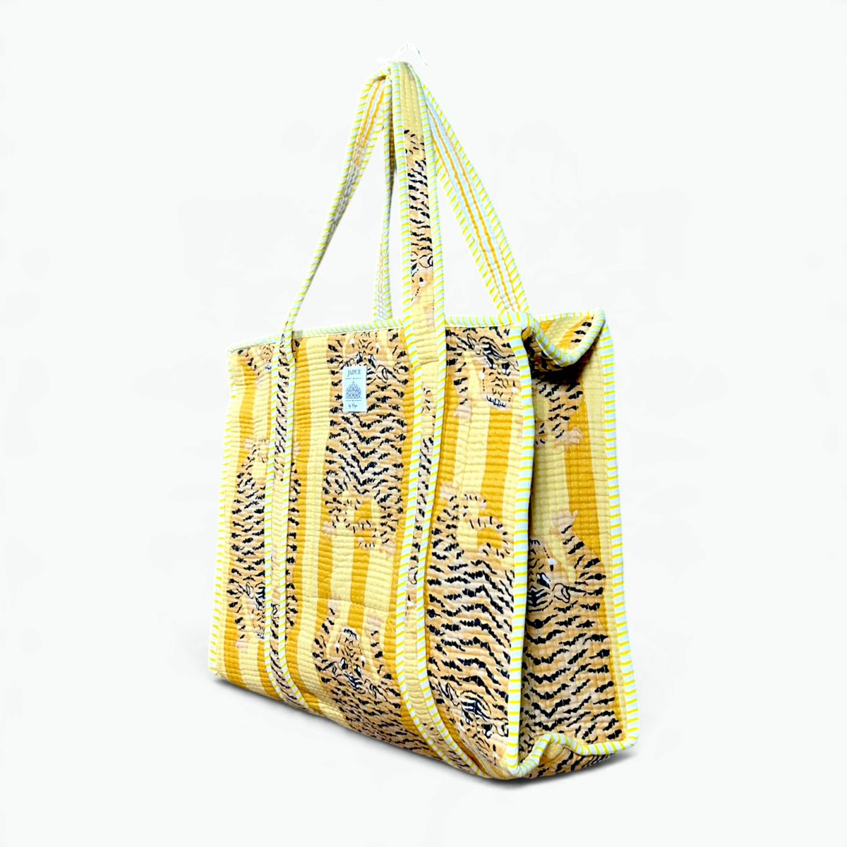 Yellow Tiger Print Quilted Tote Bag | Striped Cotton Shoulder Tote