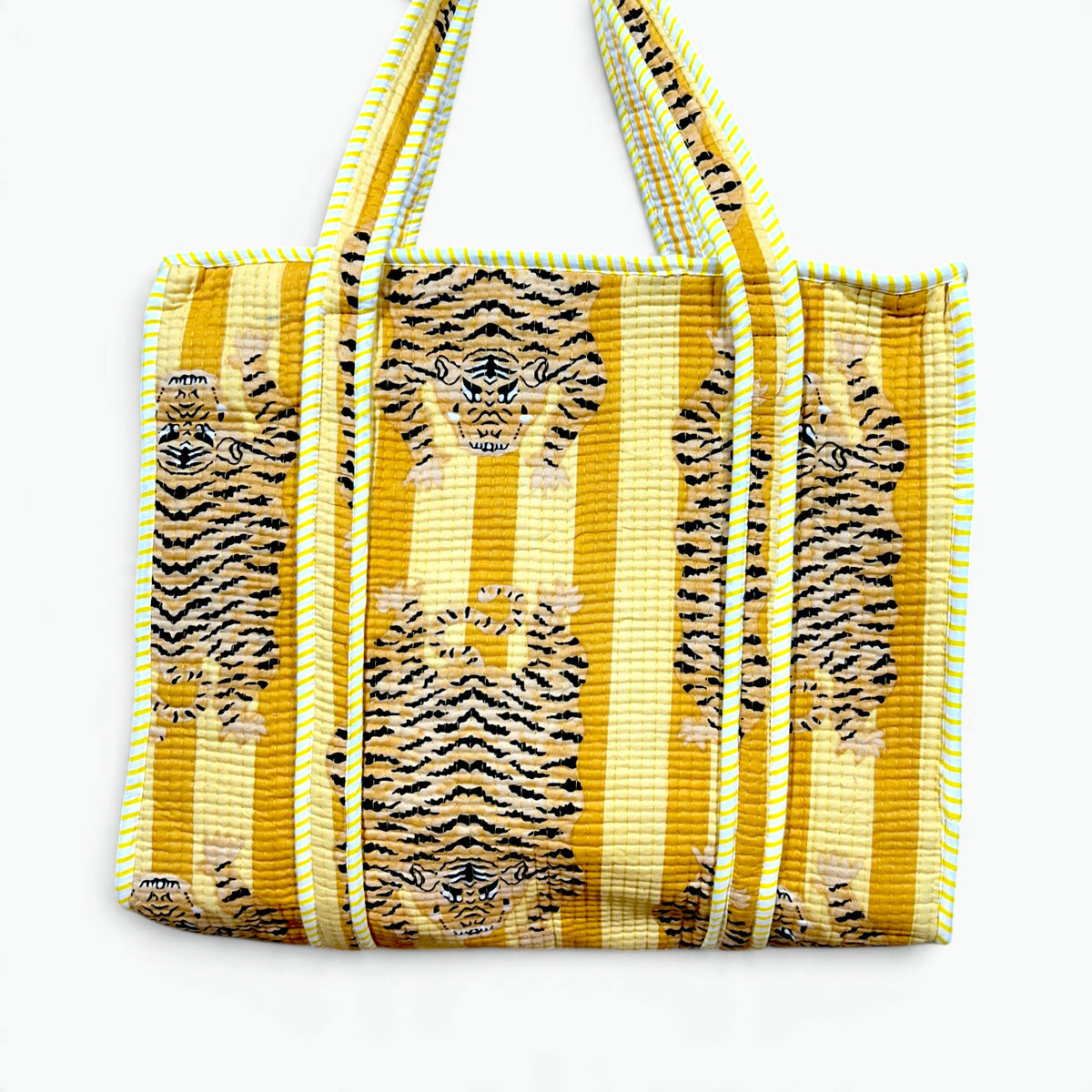 Yellow Tiger Print Quilted Tote Bag | Striped Cotton Shoulder Tote