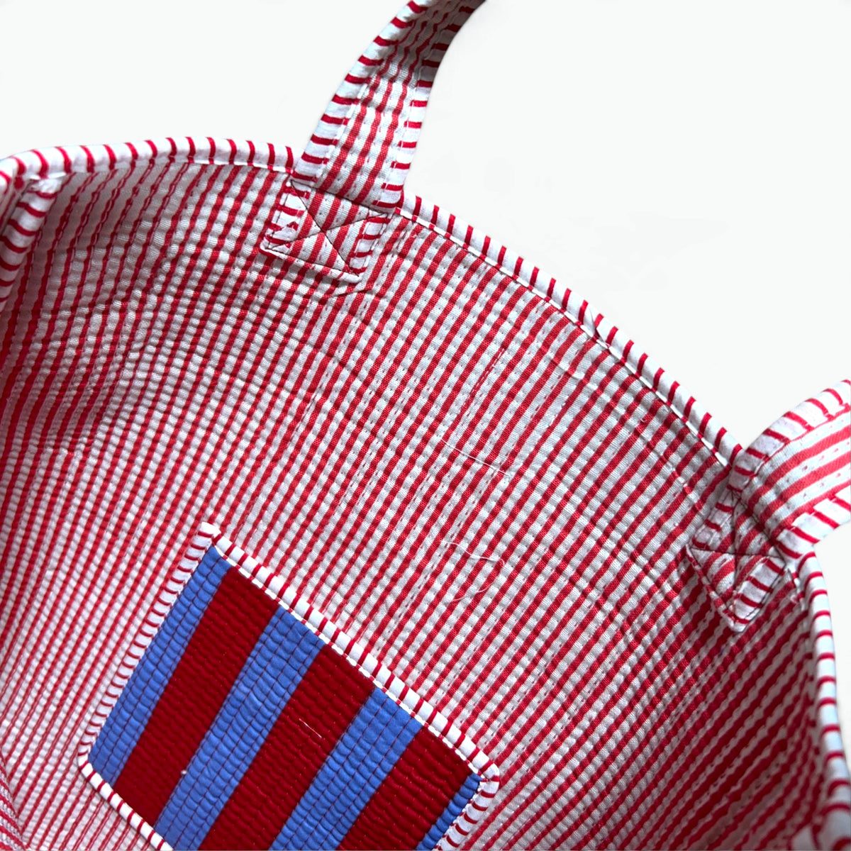 Frill Striped Quilted Tote Bag | Ruffle Trim Cotton Shoulder Tote