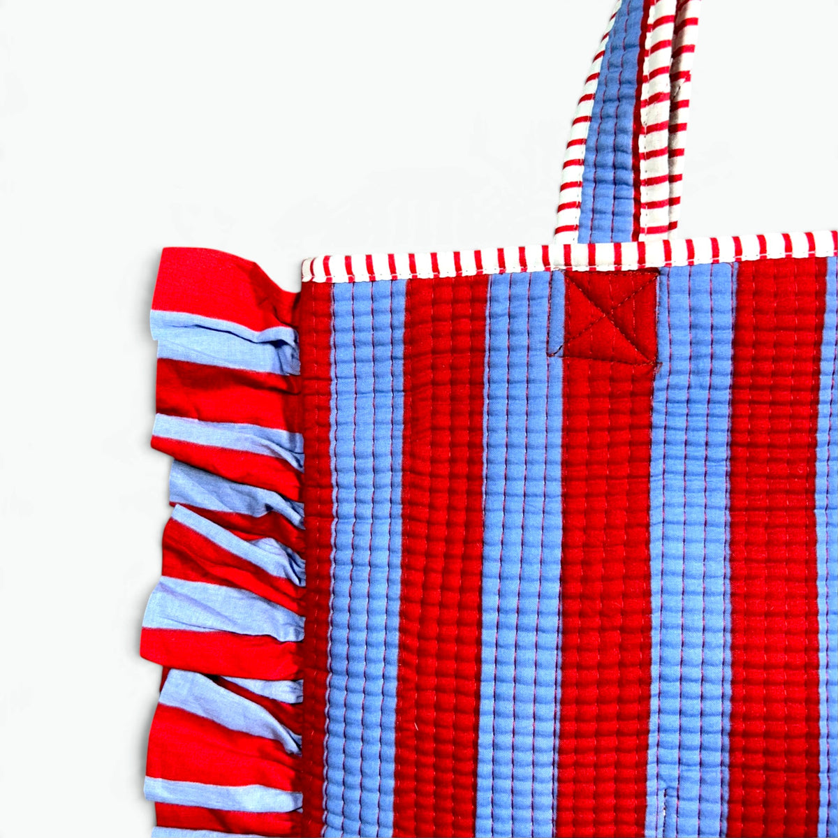 Frill Striped Quilted Tote Bag | Ruffle Trim Cotton Shoulder Tote