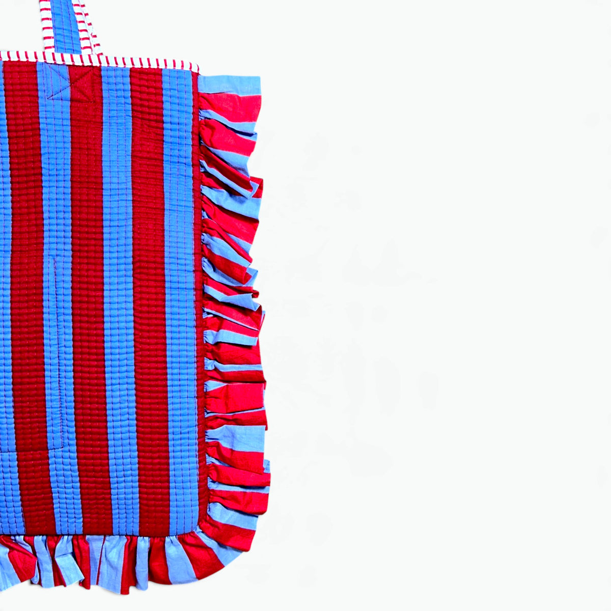 Frill Striped Quilted Tote Bag | Ruffle Trim Cotton Shoulder Tote