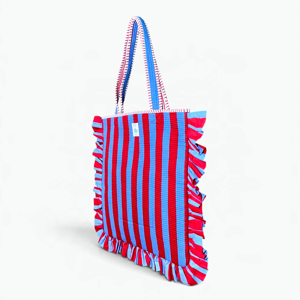 Frill Striped Quilted Tote Bag | Ruffle Trim Cotton Shoulder Tote