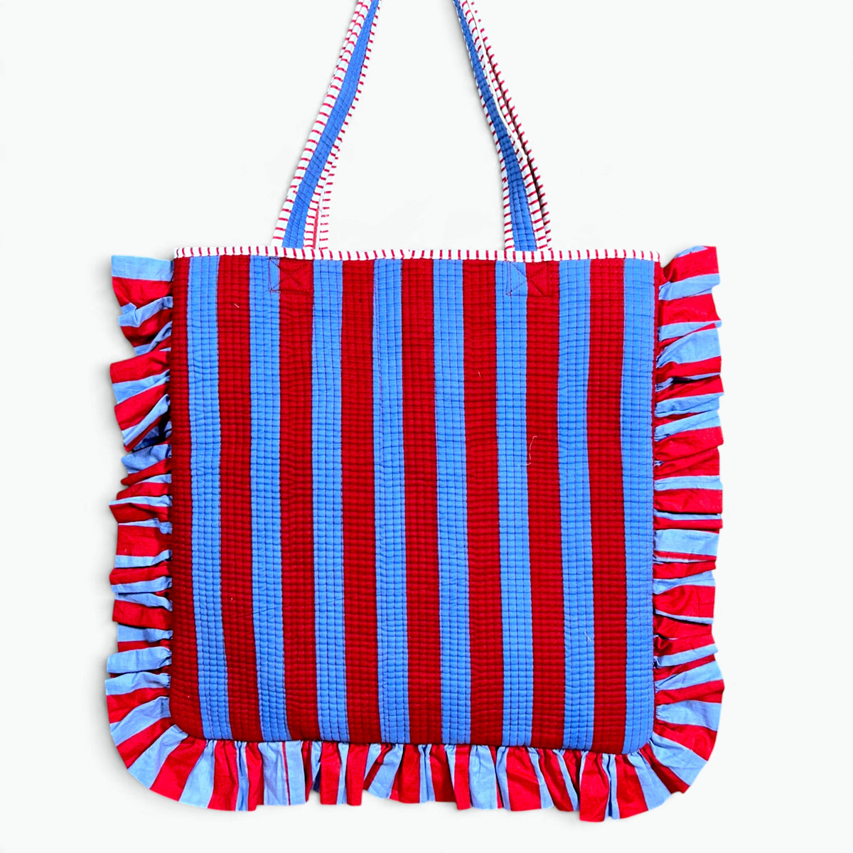 Frill Striped Quilted Tote Bag | Ruffle Trim Cotton Shoulder Tote