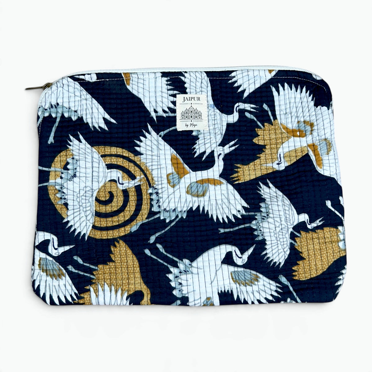 Crane Print Quilted iPad Sleeve | Navy & Gold Tablet Cover with Zip