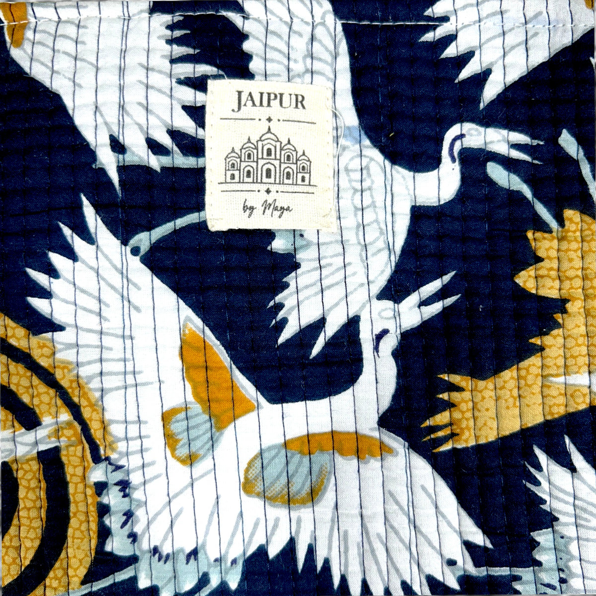 Crane Print Quilted iPad Sleeve | Navy & Gold Tablet Cover with Zip