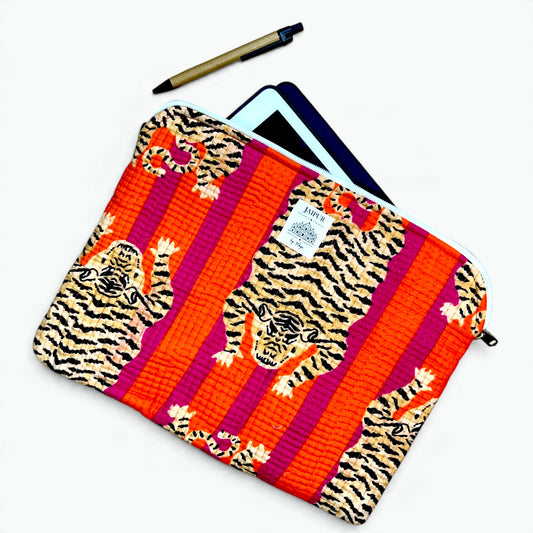 Orange and magenta striped quilted cotton iPad sleeve with tiger print, with a tablet and pen
