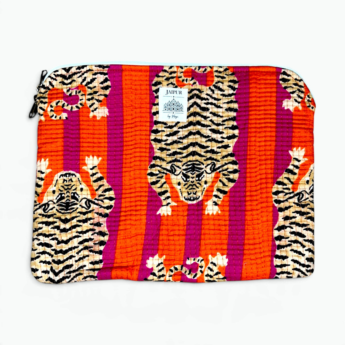 Tiger Print Quilted iPad Sleeve | Bold Orange & Pink Tablet Cover with Zip