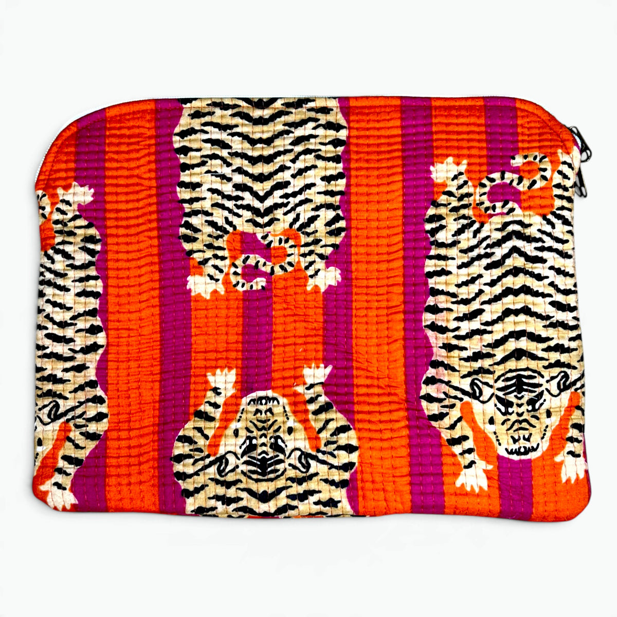 Tiger Print Quilted iPad Sleeve | Bold Orange & Pink Tablet Cover with Zip
