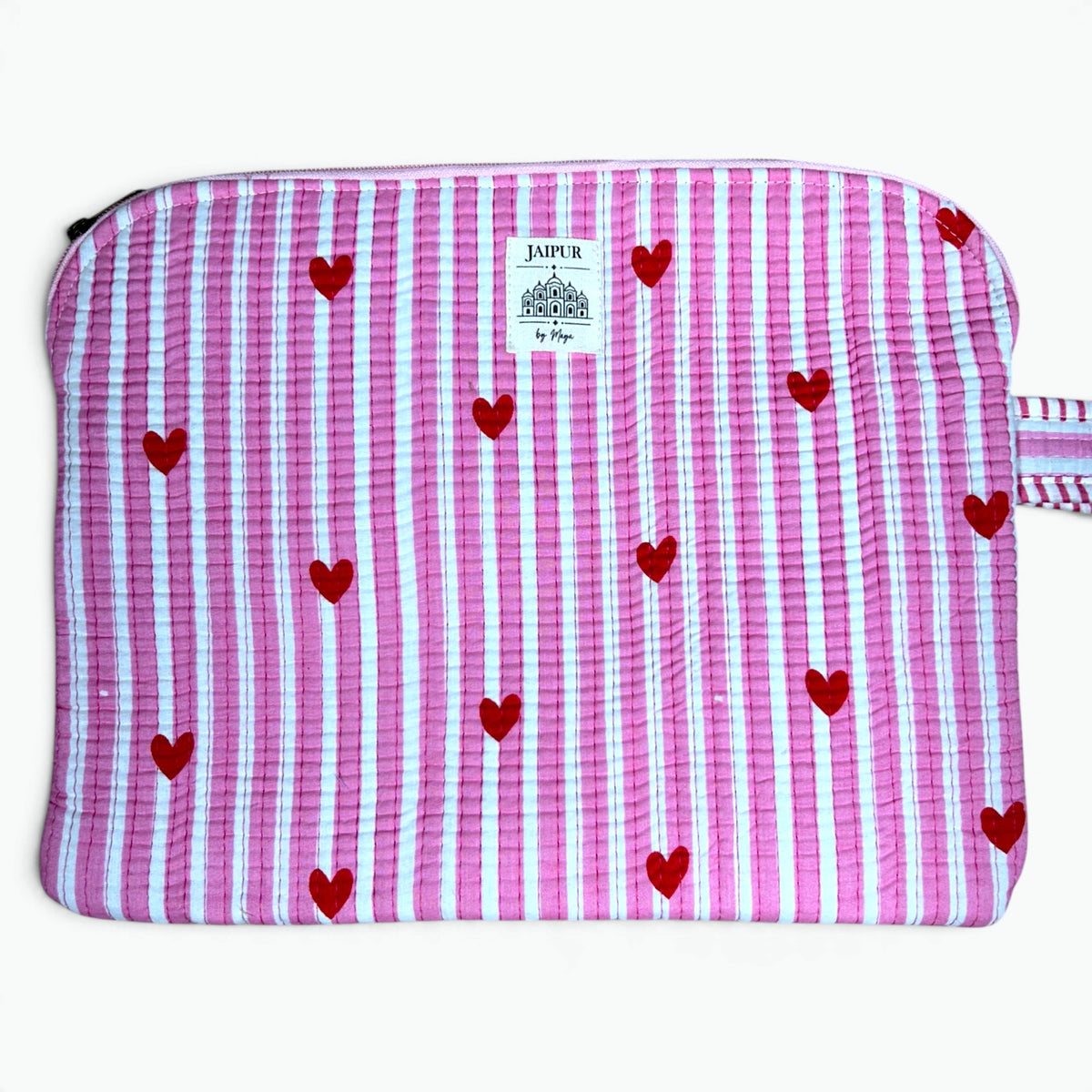 Pink Striped Heart Quilted iPad Sleeve | Cute Tablet Cover with Zip & Wrist Loop