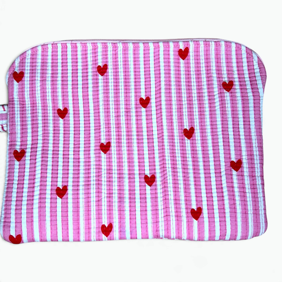 Pink Striped Heart Quilted iPad Sleeve | Cute Tablet Cover with Zip & Wrist Loop